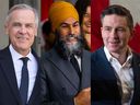 صورة مركبة مصنوعة من ثلاثة ملفات من اليسار إلى اليمين ، الزعيم الليبرالي مارك كارني ؛ زعيم NDP -A Jagmeet Singh ؛ والزعيم المحافظ بيير بويلييفر. الصور: AP ، CP و Postmedia.