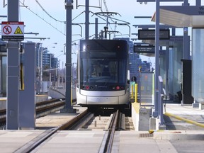 An Eglinton Crosstown LRT train is seen at Victoria Park Ave. in Scarborough on Feb. 26, 2024.