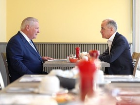 Ontario Premier Doug Ford, left, and federal Liberal Leader Mark Carney meet on March 12, 2025.