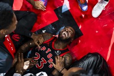 Toronto Raptors guard Jamal Shead celebrates a point against the Washington Wizards on Saturday.