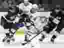 Maple Leaf Center John Tavares (91) escaped the hockey in the first phase of the NHL action in Los Angeles on Saturday, March 29, 2025 in Los Angeles.