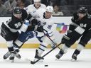 Maple Leaf Center John Tavares (91) escaped the hockey in the first phase of the NHL action in Los Angeles on Saturday, March 29, 2025 in Los Angeles.