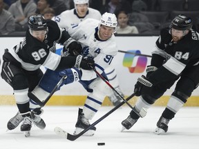 Maple Leaf Center John Tavares (91) escaped the hockey in the first phase of the NHL action in Los Angeles on Saturday, March 29, 2025 in Los Angeles.