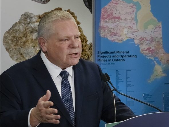 Ontario Premier Doug Ford speaks at the PDAC mining conference at Toronto’s Metro Toronto Convention Centre, Monday March 3, 2025.  