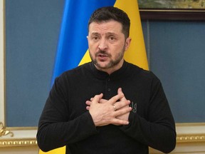 Ukrainian President Volodymyr Zelenskyy speaks during a briefing in Kyiv, Ukraine, Tuesday, March 25, 2025.