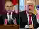 In this combination photo: Prime Minister Mark Carney talks with the media after meeting with the cabinet and deals with U.S. car tariffs on Parliament Hill on March 27, 2025; U.S. President Donald Trump talks with the media before signing an executive order in Washington, D.C. on March 26, 2025 in Washington, D.C.