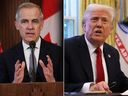 In this combination photo: Prime Minister Mark Carney talks with the media after meeting with the cabinet and deals with U.S. car tariffs on Parliament Hill on March 27, 2025; U.S. President Donald Trump talks with the media before signing an executive order in Washington, D.C. on March 26, 2025 in Washington, D.C.