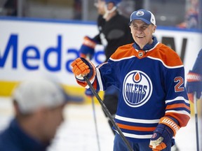 The Edmonton Oilers practice at Rogers Place featured Prime Minister Mark Carney skating in his custom jersey and a pair of goalie skates on Thursday, March 20, 2025.