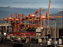 Container lifts at the Port of Vancouver in Vancouver on Friday, Feb. 28, 2025.