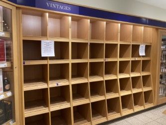 The shelves where American wine and spirits used to be inside LCBO stores are now empty as a result of being pulled off shelves in respond to the Trump tariffs -- Joe Warmington photo