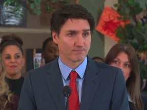 Screenshot of Prime Minister Justin Trudeau tearing up during press conference in Ottawa.