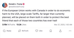 U.S. President Donald Trump posted this comment on tariffs on Truth Social early Thursday morning.