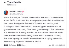 U.S. President Donald Trump commented on his phone call with Prime Minister Justin Trudeau on Wednesday afternoon.
