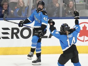 Toronto's Blayre Turnbull celebrates after scoring against Minnesota during PWHL playoff action last year.