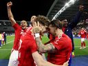 Nottingham Forest's Ryan Yates (left) and Jota Silva celebrate following the team's victory in the penalty shoot out during the FA Cup against Brighton.