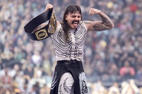 Dominik Mysterio celebrates after winning the Intercontinental Championship in a fatal fourway match at WrestleMania 41 at Allegiant Stadium in Las Vegas on Sunday, April 20, 2025. (Steve Argintaru/For Postmedia Network)