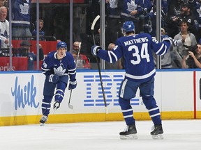 Mitchell Marner of the Toronto Maple Leafs celebrates a goal.