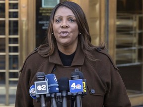 Archives - New York Attorney General Letitia James speaks at a press conference outside the Federal Court of Manhattan, New York, Friday, February 14, 2025.