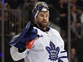 Maple Leafs goaltender Anthony Stolarz looks on during the second period against the New York Rangers at Madison Square Garden in New York City, March 20, 2025.