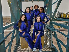 A handout photo published on April 14, 2025 on the X account of Blue Origin, shows (clockwise from left) U.S. entrepreneur Lauren Sanchez, former NASA scientist Amanda Nguyen, singer Katy Perry, TV presenter Gale King, former NASA scientist Aisha Bowe and film producer Kerianne Flynn posing in their space suits ahead of the all-woman sub-orbital mission aboard the New Shepard rocket.