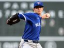 The Blue Jays' Easton Lucas faced the Boston Red Sox on April 8, 2025 in Boston, Massachusetts.