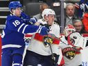 Florida Panthers goalkeeper Sergei Bobrovsky (right) fought Nate Schmidt (88) of the Panthers during the NHL hockey operation in Toronto in the third phase.
