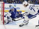 Lightning goalkeeper Andrei Vasilevskiy saved a savings on Maple Leafs winger Bobby McMann on Wednesday, April 9, 2025 in Tampa, Florida.