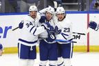 Maple Leafs' Mitch Marner (center) celebrates his goal on Tuesday, April 15, 2025 in Buffalo's third phase against the Sabres.