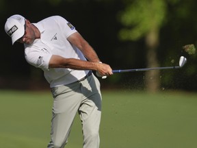 Canada's Corey Conners hit his serve in the third round at the Masters Golf Championship in Augusta, Georgia on Saturday, April 12, 2025.