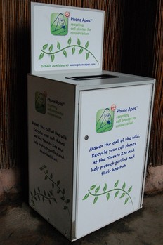 A collection box for the PhoneApes program is located near the gorilla enclosure in the African Rainforest pavilion at the Toronto Zoo.
