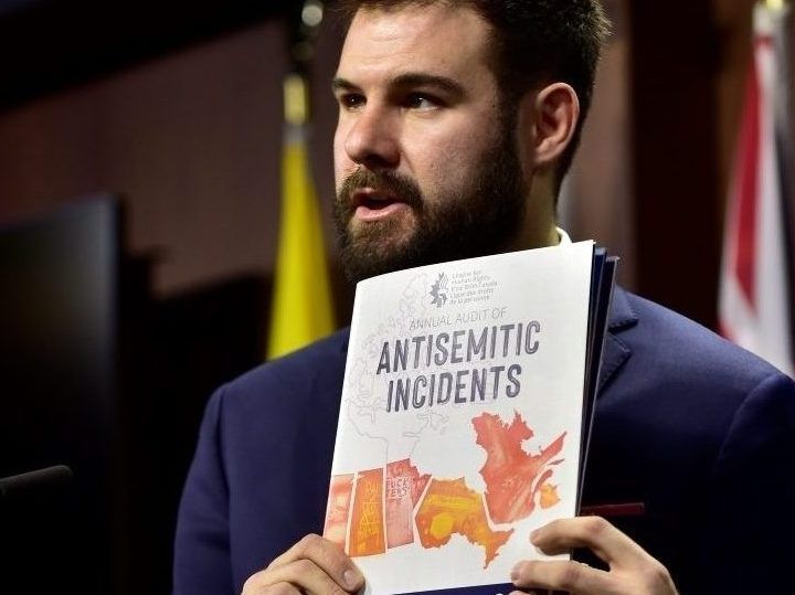 B'nai Brith's Richard Robertson presents the 2024 Annual Audit of Antisemitic Incidents during a press conference in West Block on Monday, April 7, 2025.
