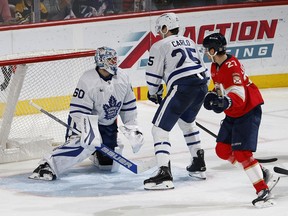 Florida's Eetu Luostarinen of Florida scored a goal against Toronto goalkeeper Joseph Woll on Tuesday night. Getty Images