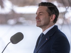 Conservative Leader Pierre Poilievre speaks during a campaign event in Trois-Rivieres, Que., on Friday, April 4, 2025.