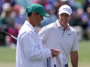 Northern Ireland's Rory McIlroy kicked Eagle on the second hole in the third round of the 2025 Masters Championship at the Augusta National Golf Club in Augusta, Georgia.