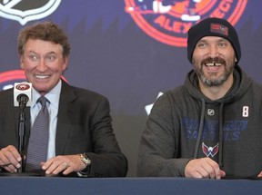The Great One, Wayne Gretzky, left, with Washington Capitals superstar Alex Ovechkin, right, speak to reporters during a news conference after Ovi tied the record for NHL goals at 894 on Friday. Mark Schiefelbein/AP