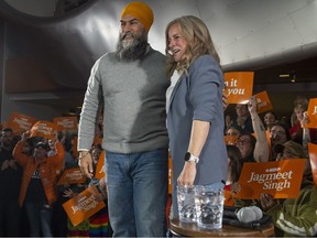 Federal NDP leader Jagmeet Singh met with former Alberta premier Rachel Notley at the Art Gallery of Alberta in Edmonton for a rally with one week left in the federal election campaign on Tuesday, April 22, 2025.