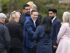 Conservative Leader Pierre Poilievre greets local Conservative Party of Canada candidates after making a campaign stop in Surrey on Sunday, April 20, 2025.