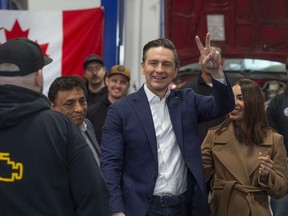 Conservative Leader Pierre Poilievre made a campaign stop at a tire shop in southeast Edmonton on Tuesday, April 8, 2025.