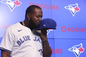 Toronto Blue Jays slugger Vladimir Guerrero Jr. kisses his hat on Monday, April 14, 2025. JACK BOLAND/TORONTO SUN