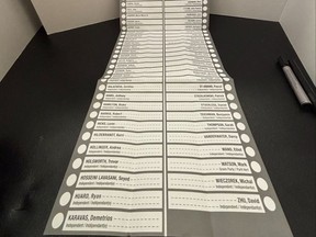 The 91-name ballot presented to voters in the suburban Ottawa riding of Carleton, on Friday, April 18 2025