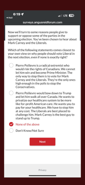 Even though these strange questions were asked in a survey, Angus Reid says it was not done by them -- supplied photo