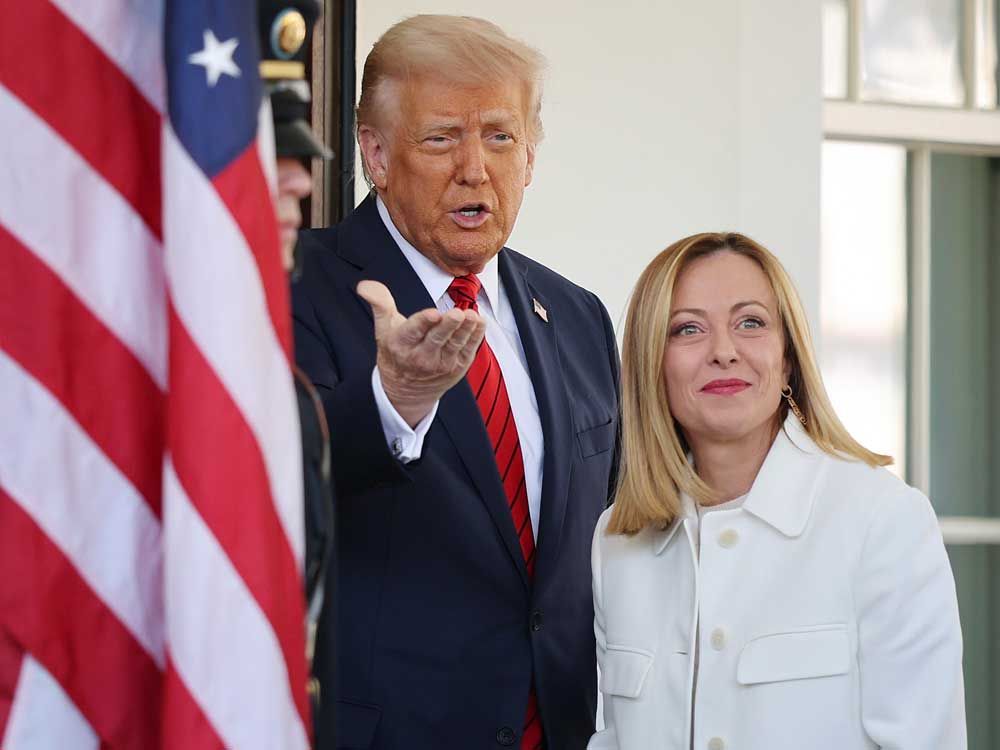 U.S. President Donald Trump greets Italian Prime Minister Giorgia Meloni outside the West Wing of the White House on April 17, 2025 in Washington, D.C. 