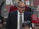 Florida Panthers head coach Paul Maurice reacts during the second period in Game 3 of a second-round NHL playoff series against the Toronto Maple Leafs on May 9, 2025, in Sunrise, Fla.