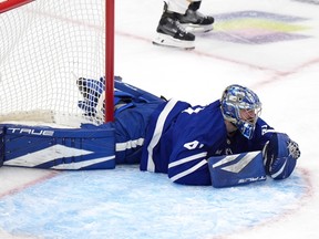 Toronto Maple Leafs goaltender Anthony Stolarz (41) lays on the ice after being ran into by Florida Panthers' Sam Bennett.