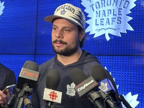 Toronto Maple Leafs captain Auston Matthews speaks to the media in the practice dressing room facility and would not disclose his injuries.