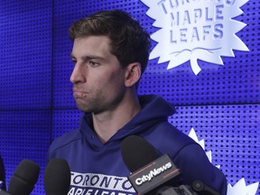 Toronto Maple Leafs' John Tavares speaks to the media during the end of the season locker clean out day.