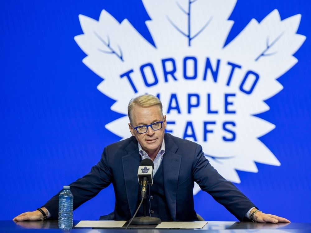  Keith Pelley, president and CEO of Maple Leaf Sports and Entertainment addresses media at Scotiabank Arena.