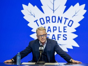 Keith Pelley, president and CEO of Maple Leaf Sports and Entertainment addresses media at Scotiabank Arena.