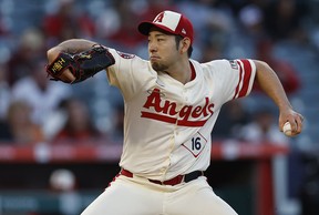 Yusei Kikuchi #16 of the Los Angeles Angels throws against the Toronto Blue Jays in the third inning at Angel Stadium of Anaheim on May 07, 2025 in Anaheim, California. (Photo by Ronald Martinez/Getty Images)