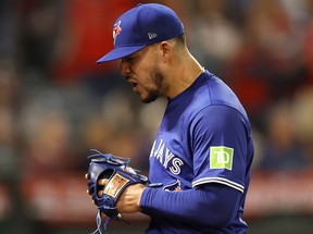 José Berríos #17 of the Toronto Blue Jays reacts after the third out in the fifth inning against the Los Angeles Angels at Angel Stadium of Anaheim on May 07, 2025 in Anaheim, California. (Photo by Ronald Martinez/Getty Images)